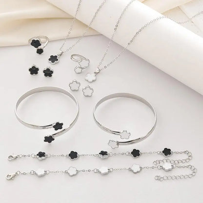 5pcs Lucky Five-petal Flower Women's Jewelry Set, Fashion Flower Bracelet + Necklace + Earrings + Bracelet + Ring Set, Birthday