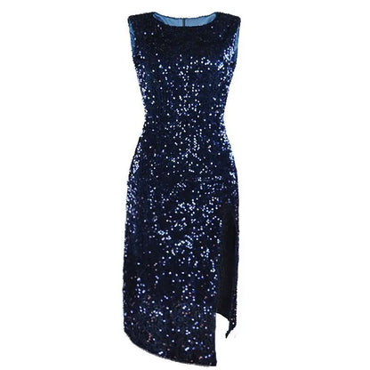Glittering High-Waist Split Dress – Sleeveless Clubwear