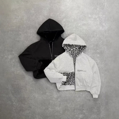 2025 European and American new autumn and winter collection hooded sweatshirt with reversible retro leopard print zipper hoodie