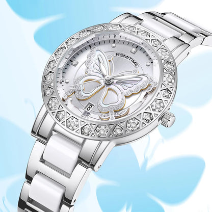 ROMITIME Women Quartz Watch Luxury Butterfly Pattern Rhinestone-Encrusted Bezel Stainless Steel Case 30M Waterproof Watches Lady