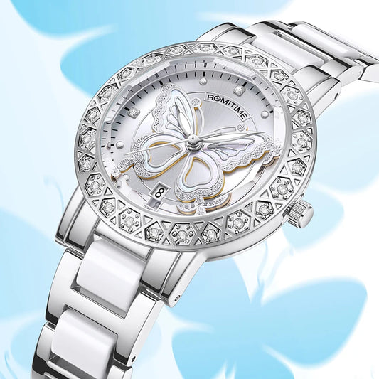 ROMITIME Women Quartz Watch Luxury Butterfly Pattern Rhinestone-Encrusted Bezel Stainless Steel Case 30M Waterproof Watches Lady