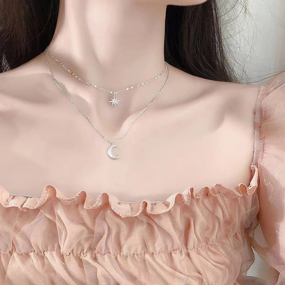 2023 Simple Double Layer Star Moon Charm  Multilayered Necklace Delicate Clavicle Chain Zircon For Women Fashion Jewelry A0459