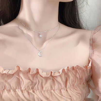 2023 Simple Double Layer Star Moon Charm  Multilayered Necklace Delicate Clavicle Chain Zircon For Women Fashion Jewelry A0459