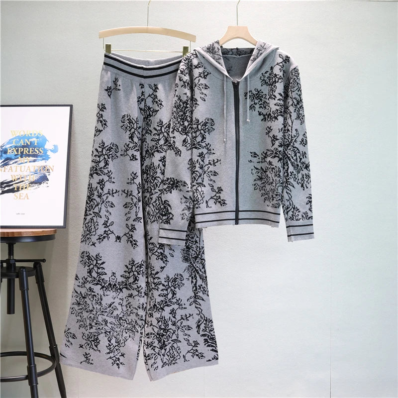 Winter Two Piece Sets Women Tracksuit Knitted Suit Autumn Trouser Suits Female Cardigan Sweater Solid Sports Hoodie Sportswear