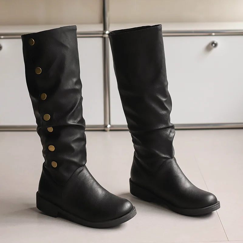 Retro Rivet Low Heel High Tube Motorcycle Boots
