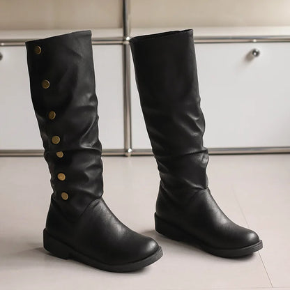 Retro Rivet Low Heel High Tube Motorcycle Boots