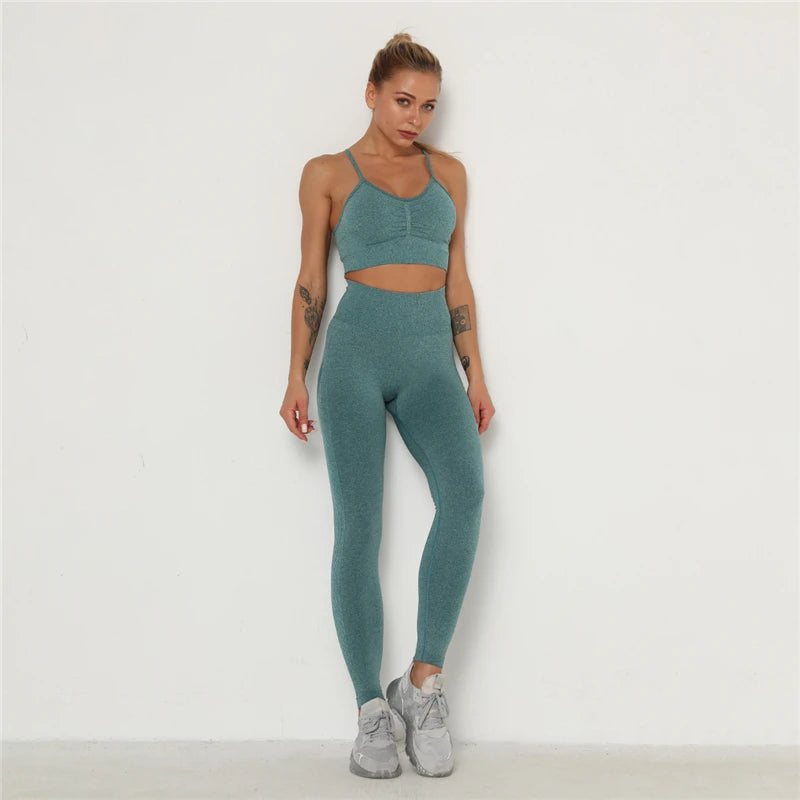 2Pcs Seamless Gym Sets Fitness Sports Suits Womens Clothing High Waist Booty Leggings Sports Bra Running Athletic Wear Yoga Sets