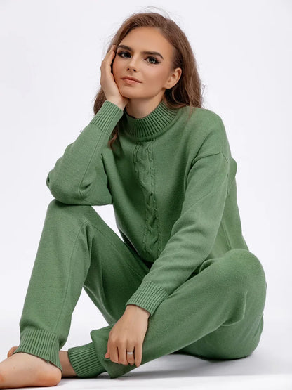 Fall Winter Sweater 2 Piece Sets Women Casual Half Turtleneck Knit Pullover Tops Conjuntos High Waist Harem Pants Suits