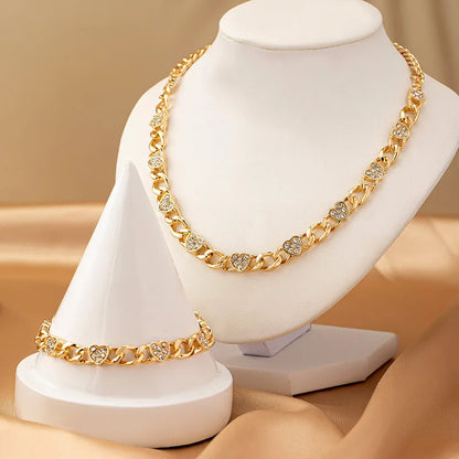 2PCS Metal Chains Link Bracelets for Women New Trendy Gold Plated Rhinestone Heart Charm Bracelet Necklace FJewelry Set