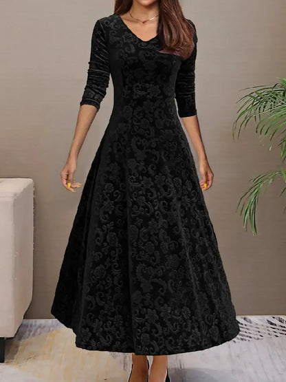 Elegant Velvet Midi Dress – Round Neck Long Sleeve Knee-Length Dress