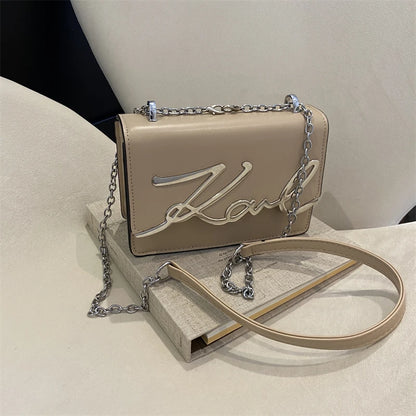 Fashionable Solid Color Crossbody Shoulder Bag Metal Emblem Logo ChainLink Strap Featuring Magnetic Button for Daily Use