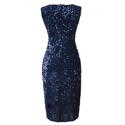 Glittering High-Waist Split Dress – Sleeveless Clubwear