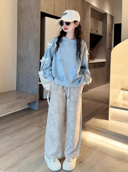 Top & Pants 2-Piece Set Bow Sweatshirt Girl Two Skirt Elementary Student Clothes Autumn Winter Outfit Children's Clothing Girls