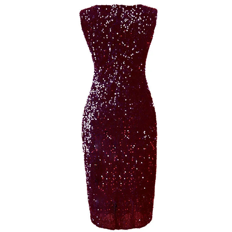 Glittering High-Waist Split Dress – Sleeveless Clubwear