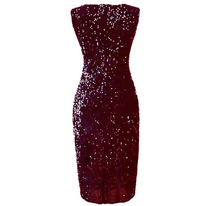 Glittering High-Waist Split Dress – Sleeveless Clubwear