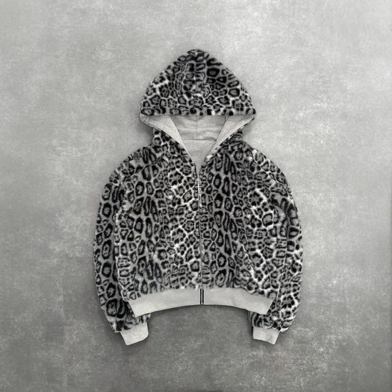 2025 European and American new autumn and winter collection hooded sweatshirt with reversible retro leopard print zipper hoodie