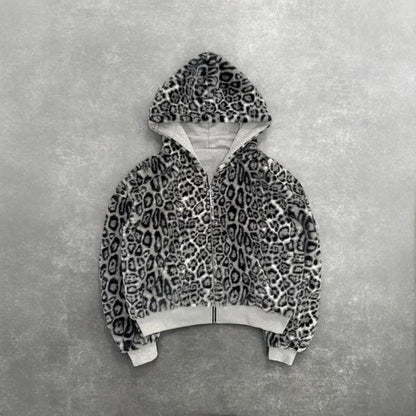 2025 European and American new autumn and winter collection hooded sweatshirt with reversible retro leopard print zipper hoodie