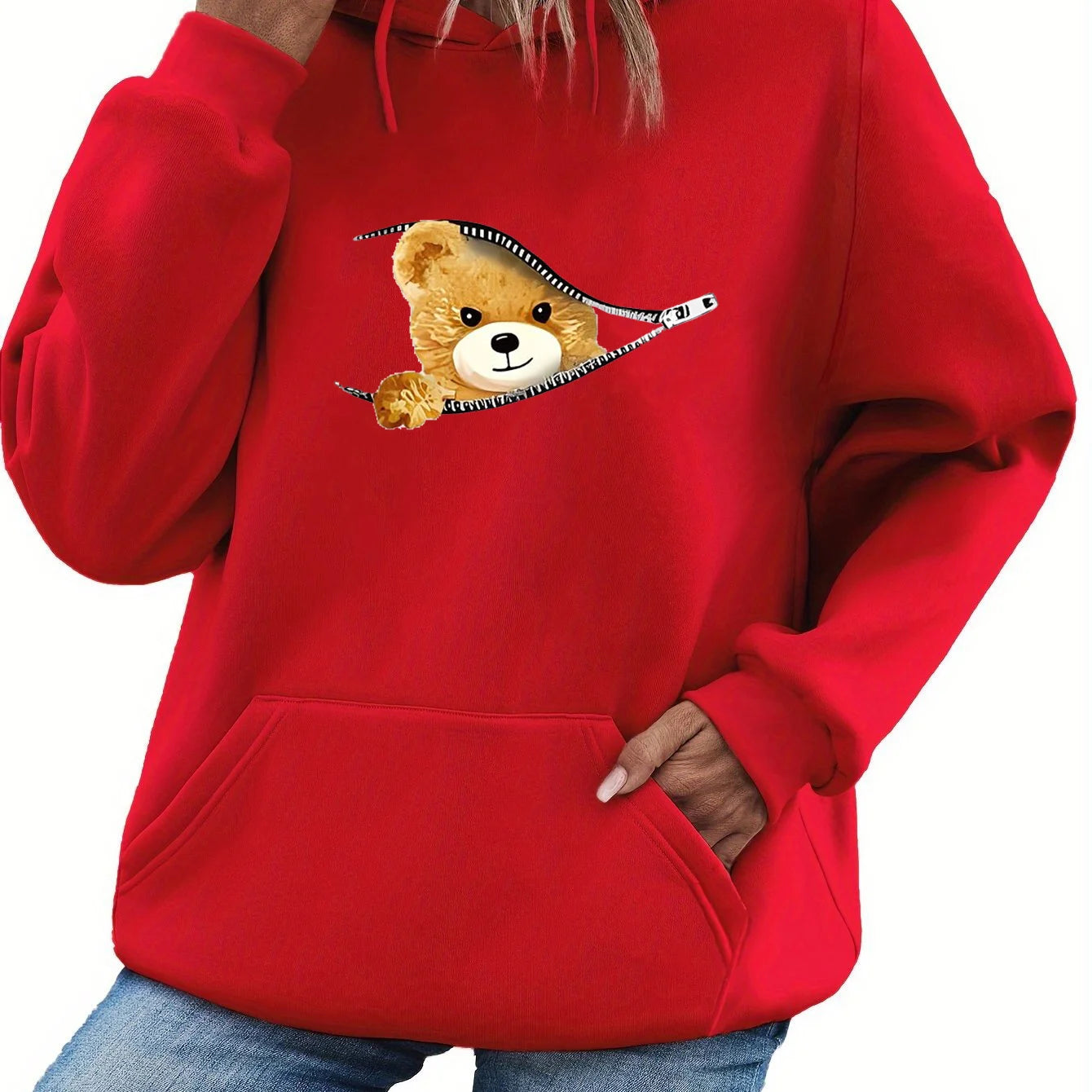 Zipper Bear Print Teddy Fleece Lined Sweatshirt