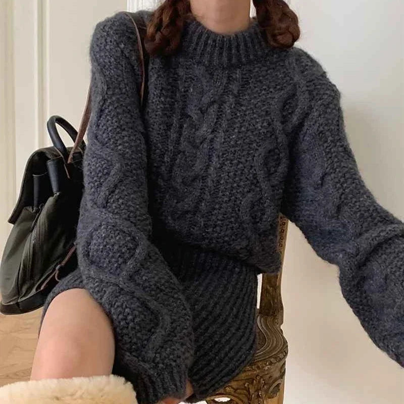 Autumn and Winter Women's Sweater Set Elegant Round Neck Pullover, Long-sleeved Top and Knee Skirt Knitted Two-piece Set.