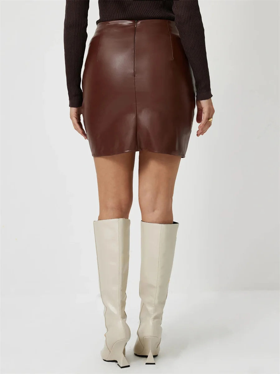 Benuynffy Fashion PU Leather Skirt Women's Autumn and Winter Elegant High Waist Zipper Back Ruched Bodycon Mini Skirts 2024 New