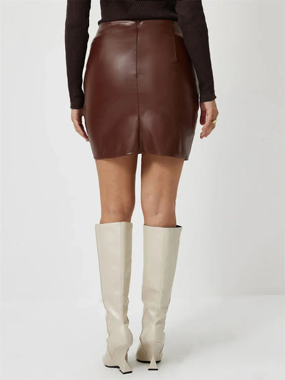 Benuynffy Fashion PU Leather Skirt Women's Autumn and Winter Elegant High Waist Zipper Back Ruched Bodycon Mini Skirts 2024 New