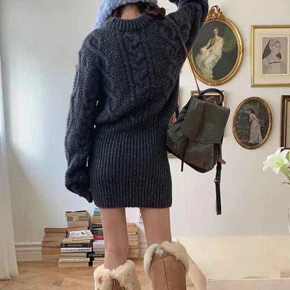 Autumn and Winter Women's Sweater Set Elegant Round Neck Pullover, Long-sleeved Top and Knee Skirt Knitted Two-piece Set.