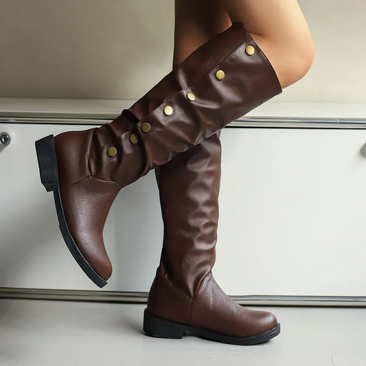 Retro Rivet Low Heel High Tube Motorcycle Boots