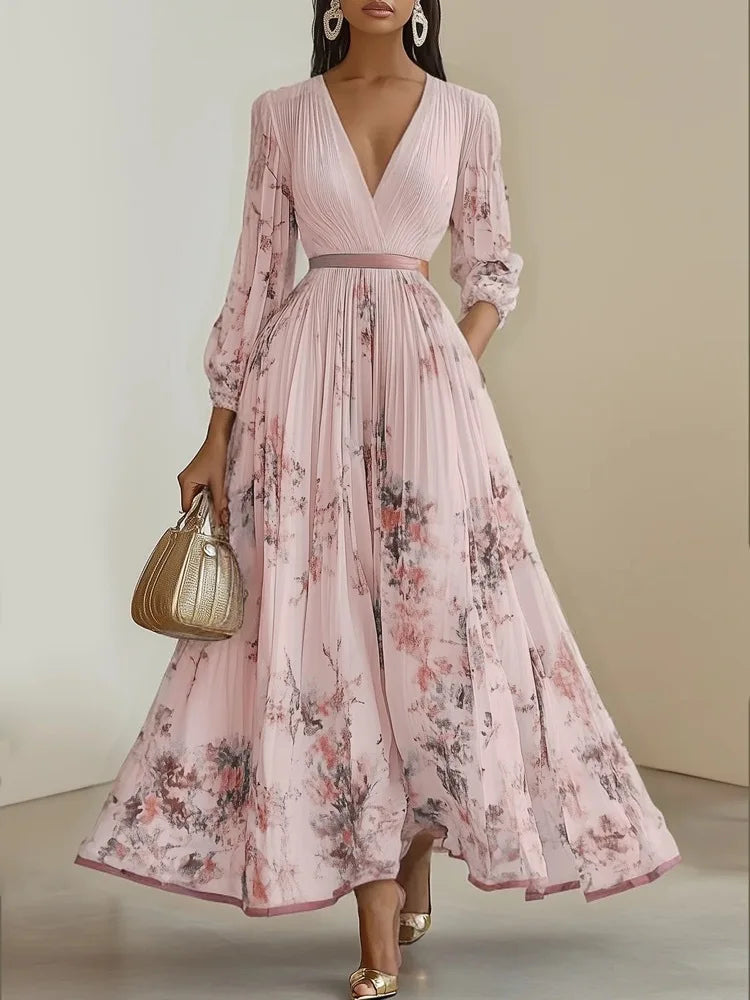 Bohemian Summer Beach Dress Sleeveless Floral Print V-Neck Flowy Maxi Dress for Women Resort Holiday Party Casual Outfit Fashion