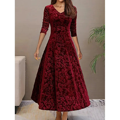 Elegant Velvet Midi Dress – Round Neck Long Sleeve Knee-Length Dress