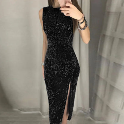 Glittering High-Waist Split Dress – Sleeveless Clubwear