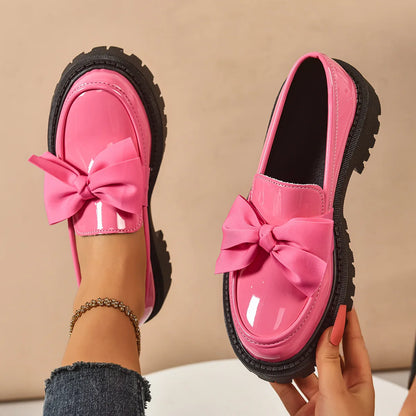 Retro British Style Leather Flats – Butterfly Bow Mid Heel
