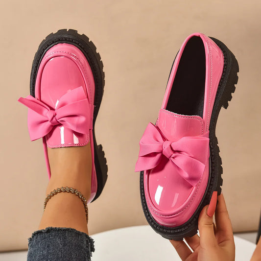 Retro British Style Leather Flats – Butterfly Bow Mid Heel