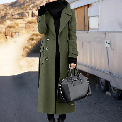 Women Woollen Overcoat Double-breasted Cardigan Mid-calf Length Long Sleeves Jacket Slim OL Formal Coat