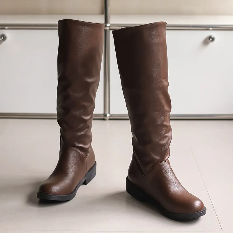 Retro Rivet Low Heel High Tube Motorcycle Boots