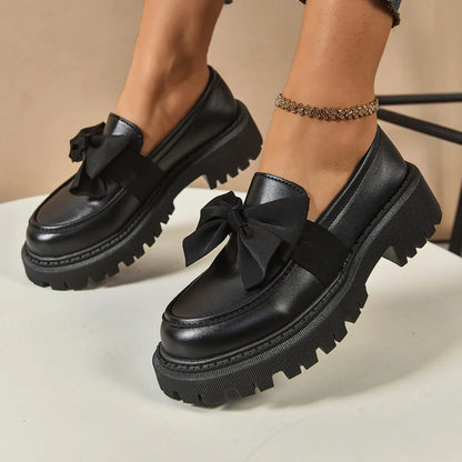 Retro British Style Leather Flats – Butterfly Bow Mid Heel