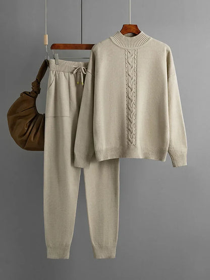 Fall Winter Sweater 2 Piece Sets Women Casual Half Turtleneck Knit Pullover Tops Conjuntos High Waist Harem Pants Suits