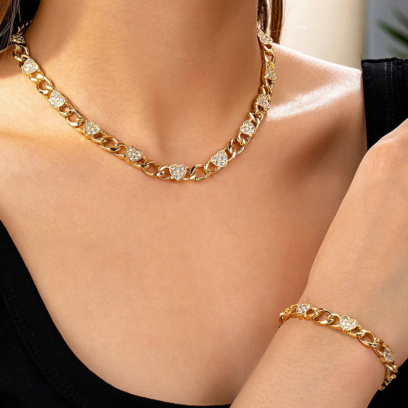 2PCS Metal Chains Link Bracelets for Women New Trendy Gold Plated Rhinestone Heart Charm Bracelet Necklace FJewelry Set