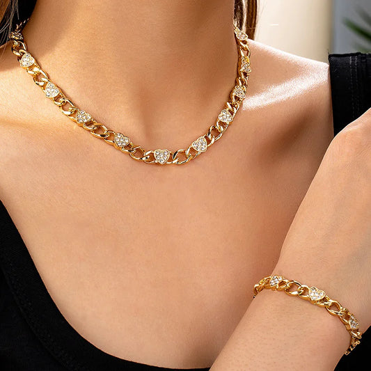 2PCS Metal Chains Link Bracelets for Women New Trendy Gold Plated Rhinestone Heart Charm Bracelet Necklace FJewelry Set