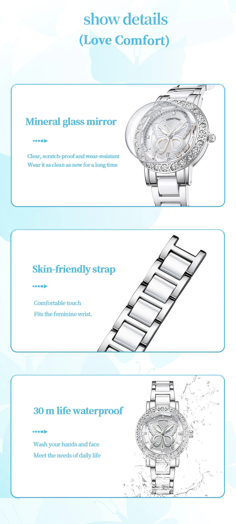 ROMITIME Women Quartz Watch Luxury Butterfly Pattern Rhinestone-Encrusted Bezel Stainless Steel Case 30M Waterproof Watches Lady