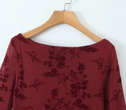 Luxury Wine Red Flocked Flower Mesh Mini Dress