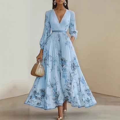 Bohemian Summer Beach Dress Sleeveless Floral Print V-Neck Flowy Maxi Dress for Women Resort Holiday Party Casual Outfit Fashion