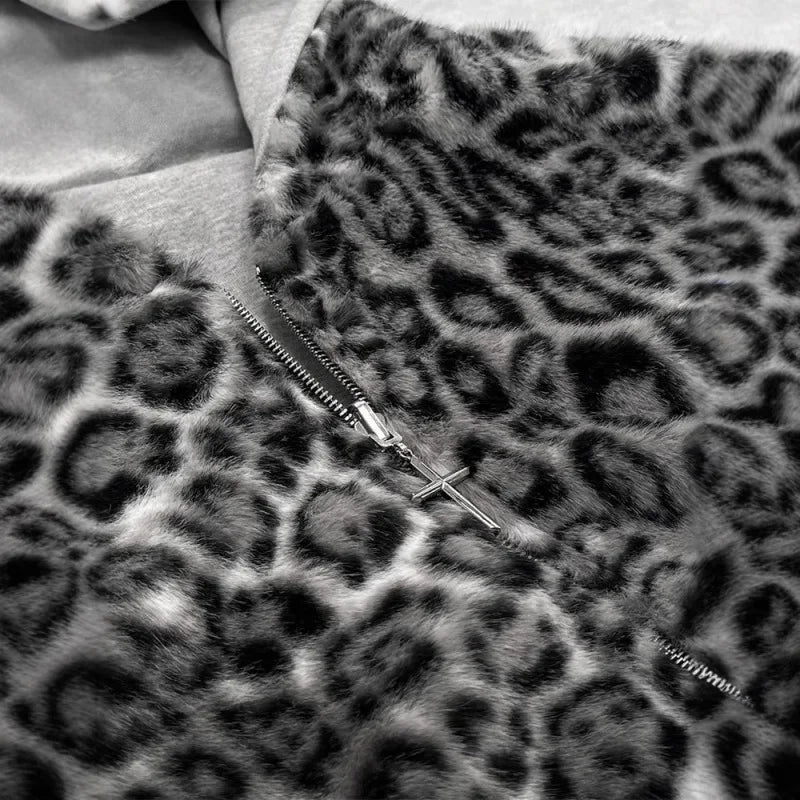 2025 European and American new autumn and winter collection hooded sweatshirt with reversible retro leopard print zipper hoodie