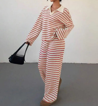 Women’s Knitted Striped Shirt & Pants Set – Casual Loose Fit