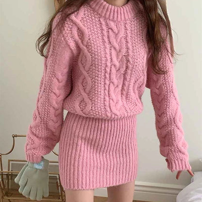 Autumn and Winter Women's Sweater Set Elegant Round Neck Pullover, Long-sleeved Top and Knee Skirt Knitted Two-piece Set.