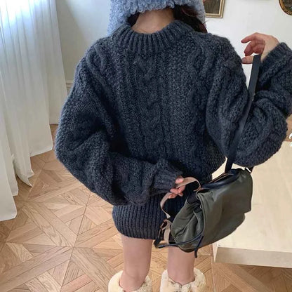 Autumn and Winter Women's Sweater Set Elegant Round Neck Pullover, Long-sleeved Top and Knee Skirt Knitted Two-piece Set.
