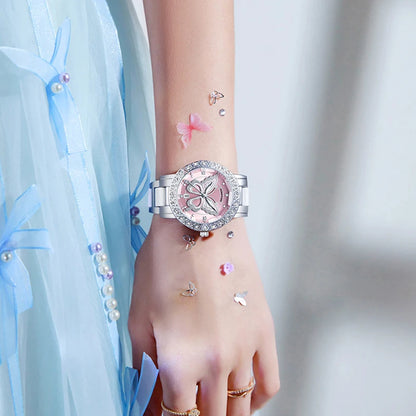 ROMITIME Women Quartz Watch Luxury Butterfly Pattern Rhinestone-Encrusted Bezel Stainless Steel Case 30M Waterproof Watches Lady