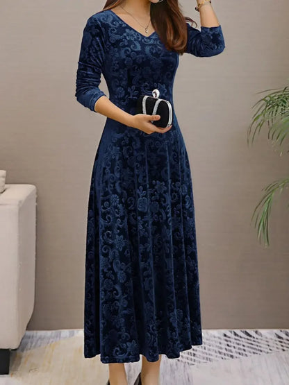 Elegant Velvet Midi Dress – Round Neck Long Sleeve Knee-Length Dress