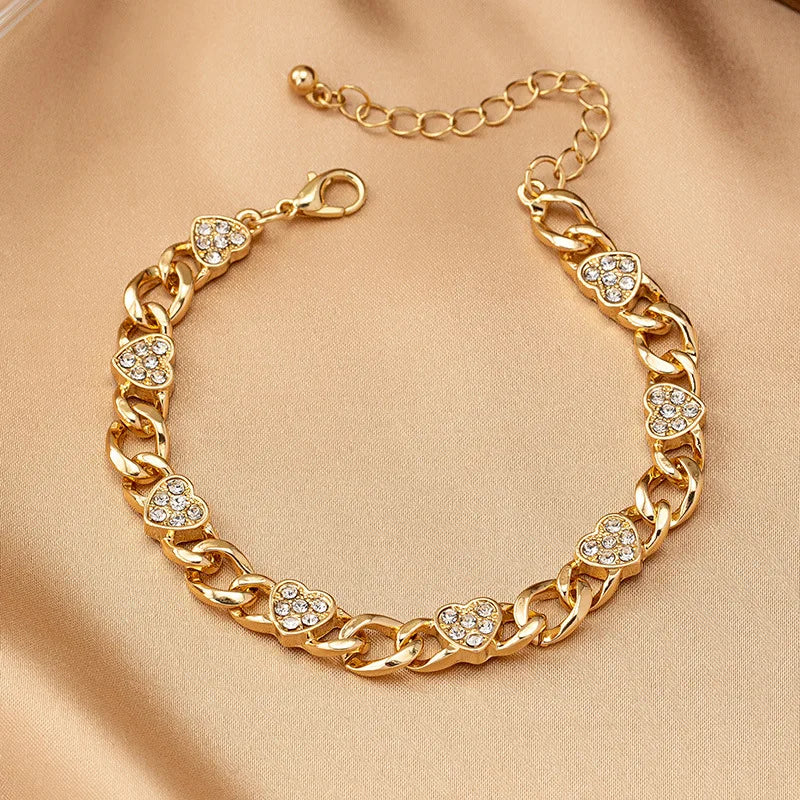2PCS Metal Chains Link Bracelets for Women New Trendy Gold Plated Rhinestone Heart Charm Bracelet Necklace FJewelry Set