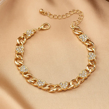 2PCS Metal Chains Link Bracelets for Women New Trendy Gold Plated Rhinestone Heart Charm Bracelet Necklace FJewelry Set