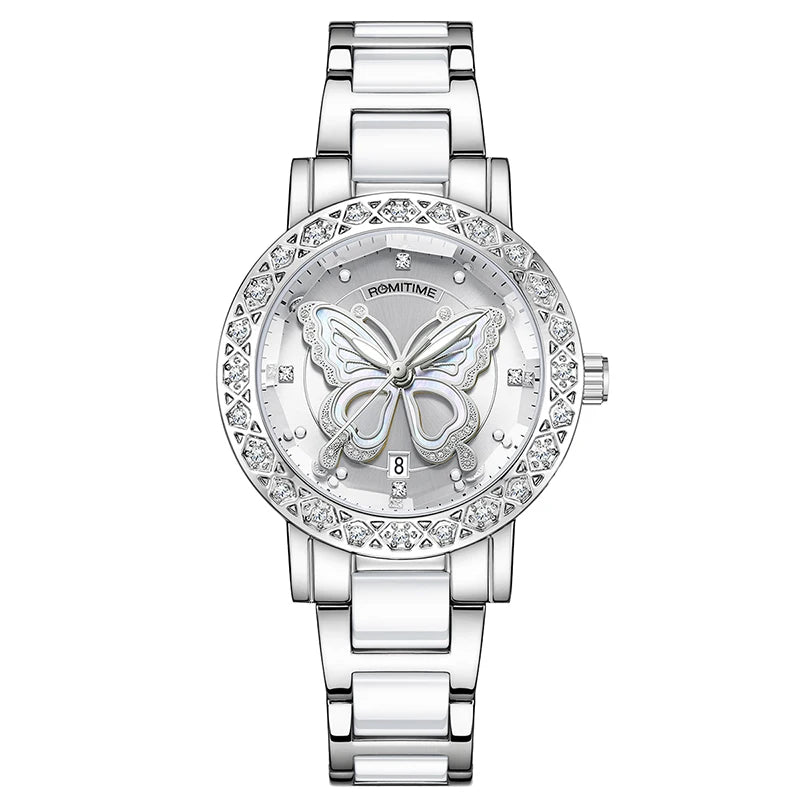 ROMITIME Women Quartz Watch Luxury Butterfly Pattern Rhinestone-Encrusted Bezel Stainless Steel Case 30M Waterproof Watches Lady
